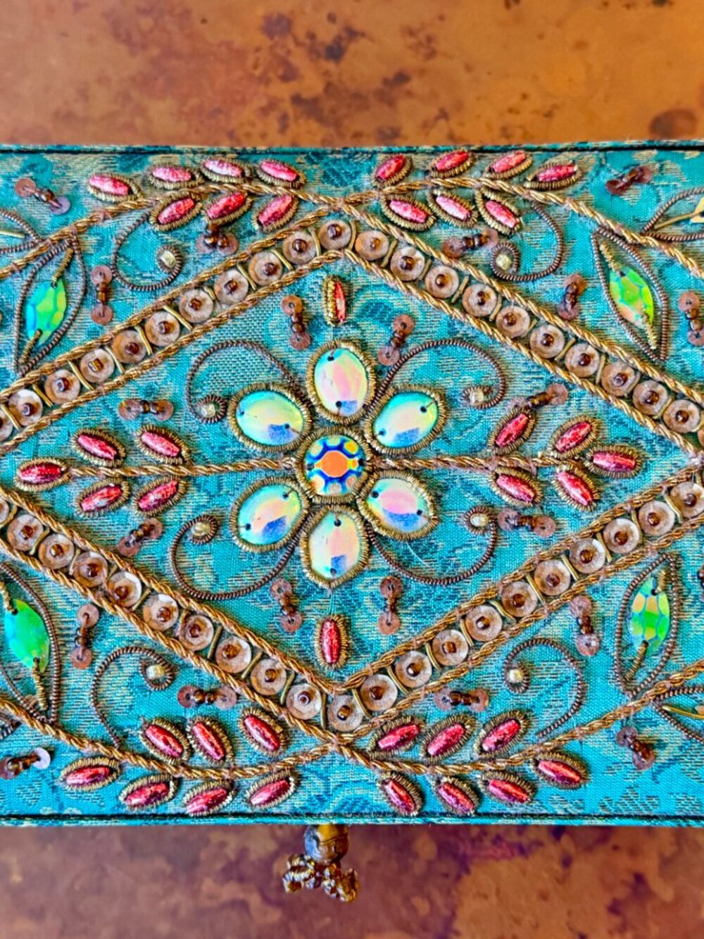 Turquoise Beaded Embroidered Jewelry Box Mirror Trinket Case 7.5 x 5 x 2.5